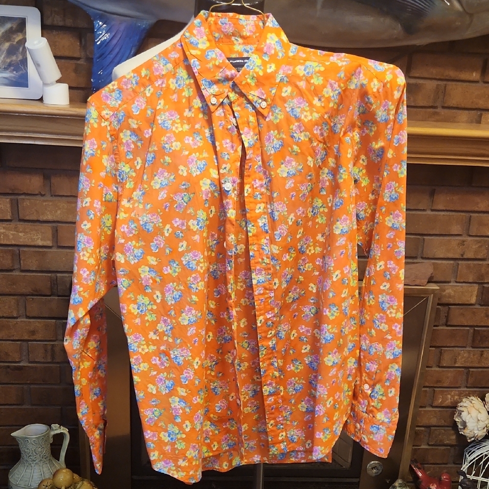 Ralph Lauren Sport Womens Orange Floral Shirt Size 14 100% Cotton Button Down
